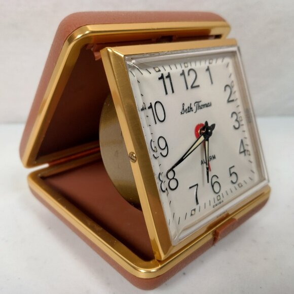 Vintage Seth Thomas Alarm Clock Travel Size Foldable Brown Plastic Case Glowing - Picture 3 of 16